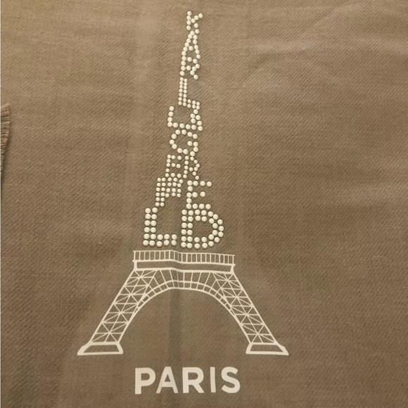 Karl Lagerfeld Paris Camel Rectangular Scarf Studded Logo & Eiffel Tower OS NWT - Picture 6 of 12